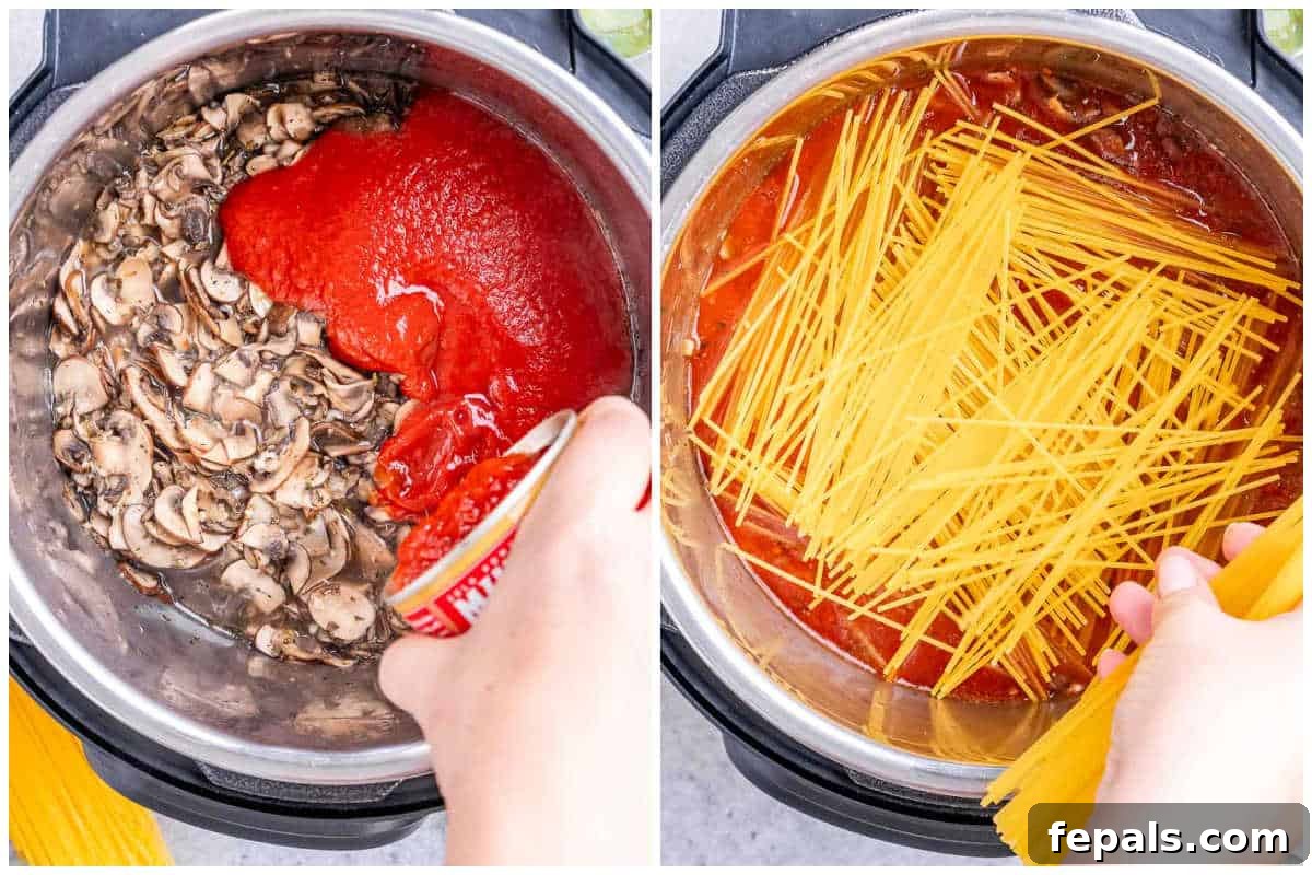 Effortless Instant Pot Spaghetti 5 Process shot showing marinara sauce and stock being poured over sautéed vegetables in an Instant Pot, with spaghetti noodles being added in a criss-cross pattern.
