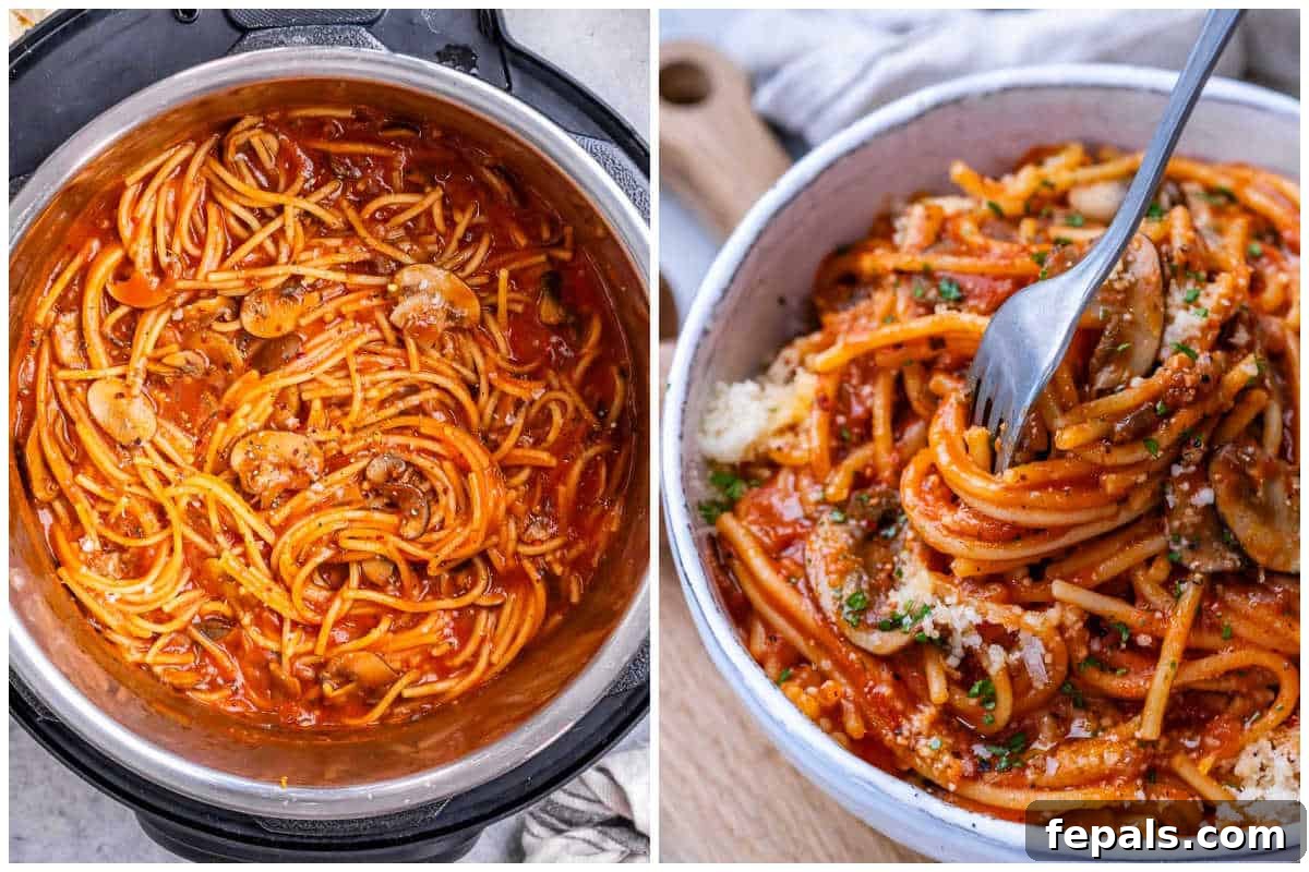 Effortless Instant Pot Spaghetti 6 Process shot showing the Instant Pot lid being removed after quick steam release, revealing cooked spaghetti, followed by a serving bowl of finished spaghetti.