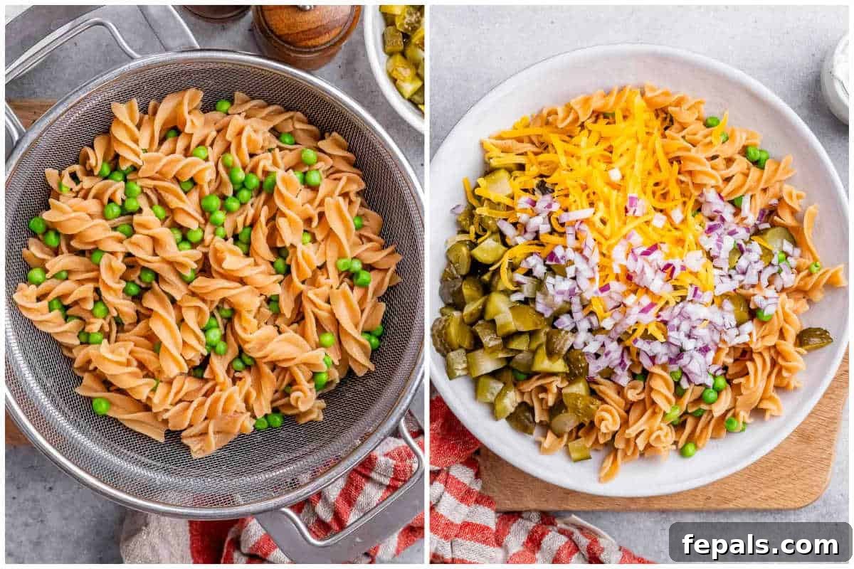 process shot to cook pasta and assemble the pasta salad in a bowl.
