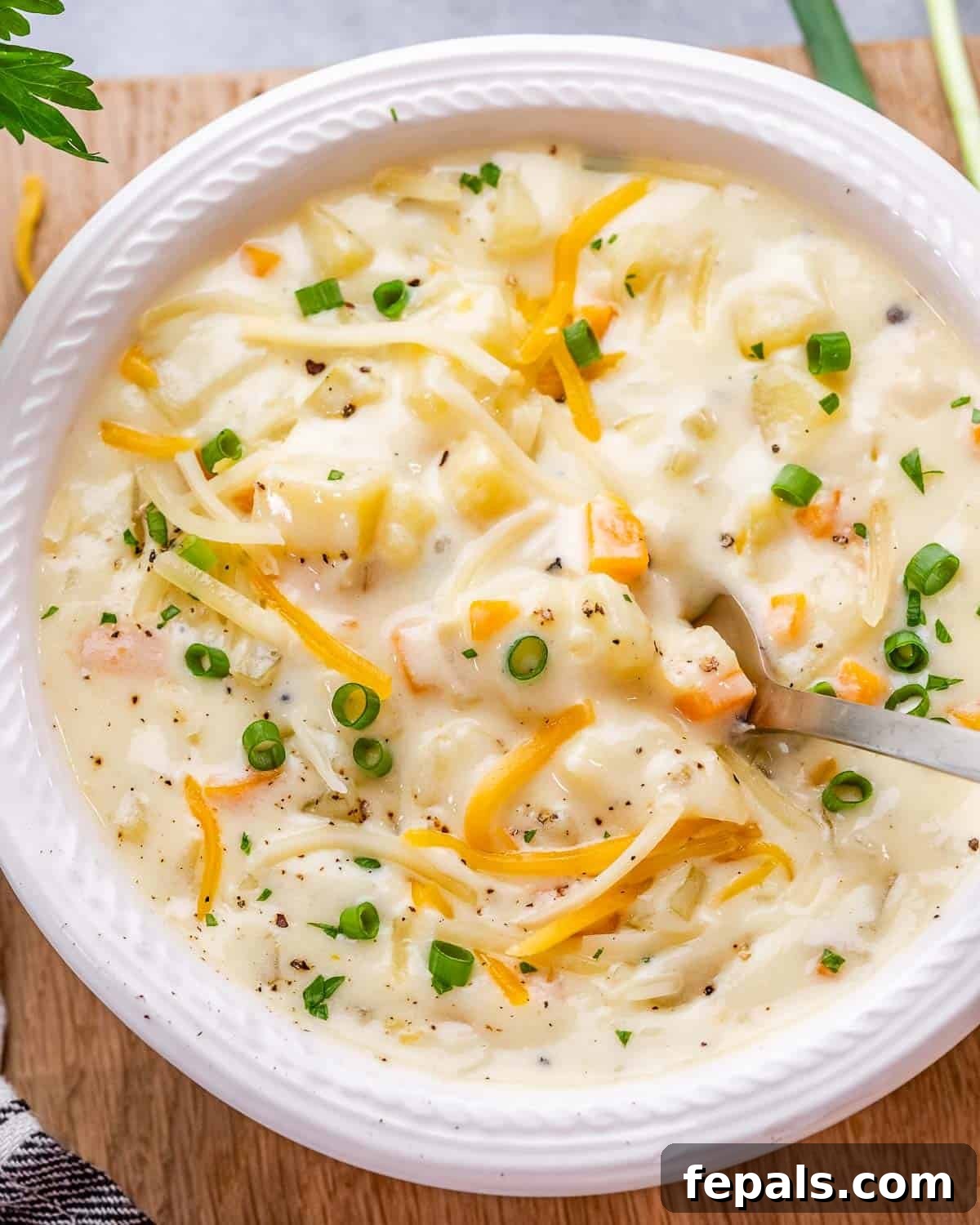 Close up top view of potato soup with melted cheese and chives sprinkled over the top, in a white bowl.