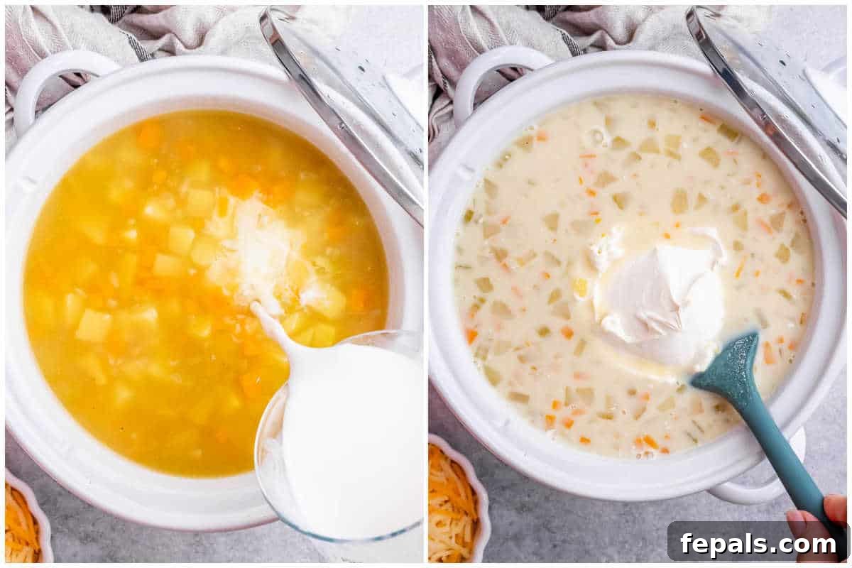 process shot of adding milk and cream cheese to soup in the crockpot.
