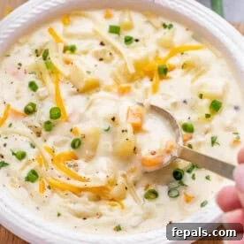 A spoon lifting a bite of cheesy potato soup garnished with green onions and cheddar.