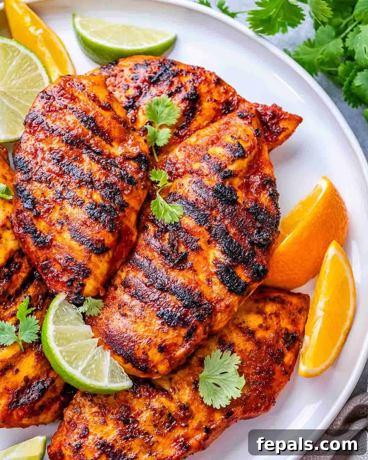 Grilled pollo asada chicken on a plate, garnished with lime wedges and fresh cilantro.