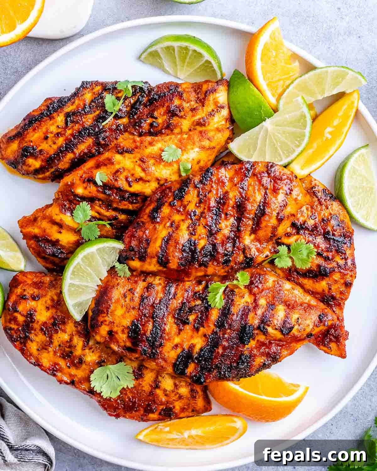 Close-up of charred, juicy chicken breasts cooked on the grill with orange and lime slices on the side.