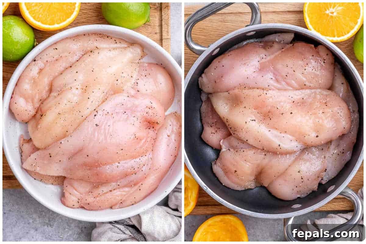 Process shot to season the chicken breast and add it to a pan.