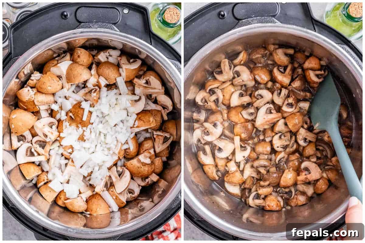 Quick and Creamy Instant Pot Beef Stroganoff 4 process shot showing cooking the mushroom and onion in the Instant Pot.