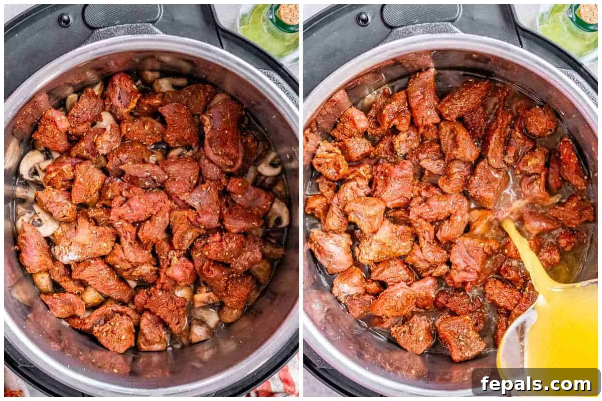 Quick and Creamy Instant Pot Beef Stroganoff 5 process shot cooking the stew beef in the instant pot.