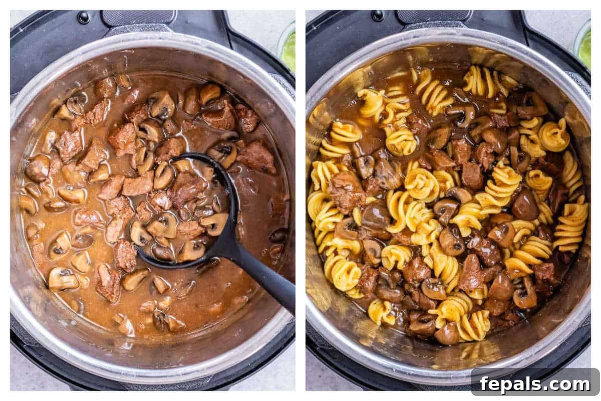 Quick and Creamy Instant Pot Beef Stroganoff 6 process shot to adding the pasta in the Instant Pot with the beef stew.