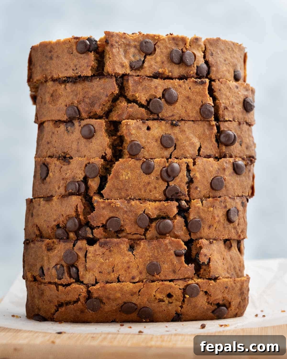 Stacked slices of moist sweet potato bread, adorned with chocolate chips, ready to be enjoyed.