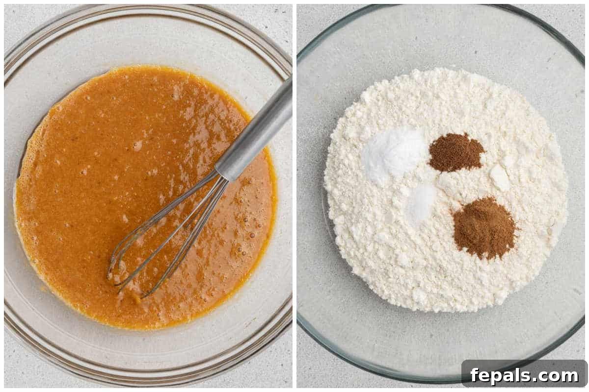 A process shot showing mashed sweet potatoes, oil, eggs, vanilla, and sugar being whisked together in a bowl to create the wet batter for sweet potato bread.