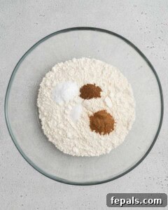Flour, cinnamon, baking soda, and nutmeg placed in a bowl, ready to be whisked.