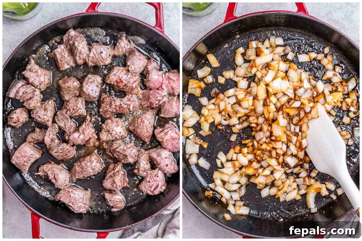 Process shot showing seared beef and sautéed onions in a pan.