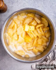 Instant Pot filled with cooked sliced Yukon gold potatoes with less milk mixture, and butter melting on top, ready for mashing.