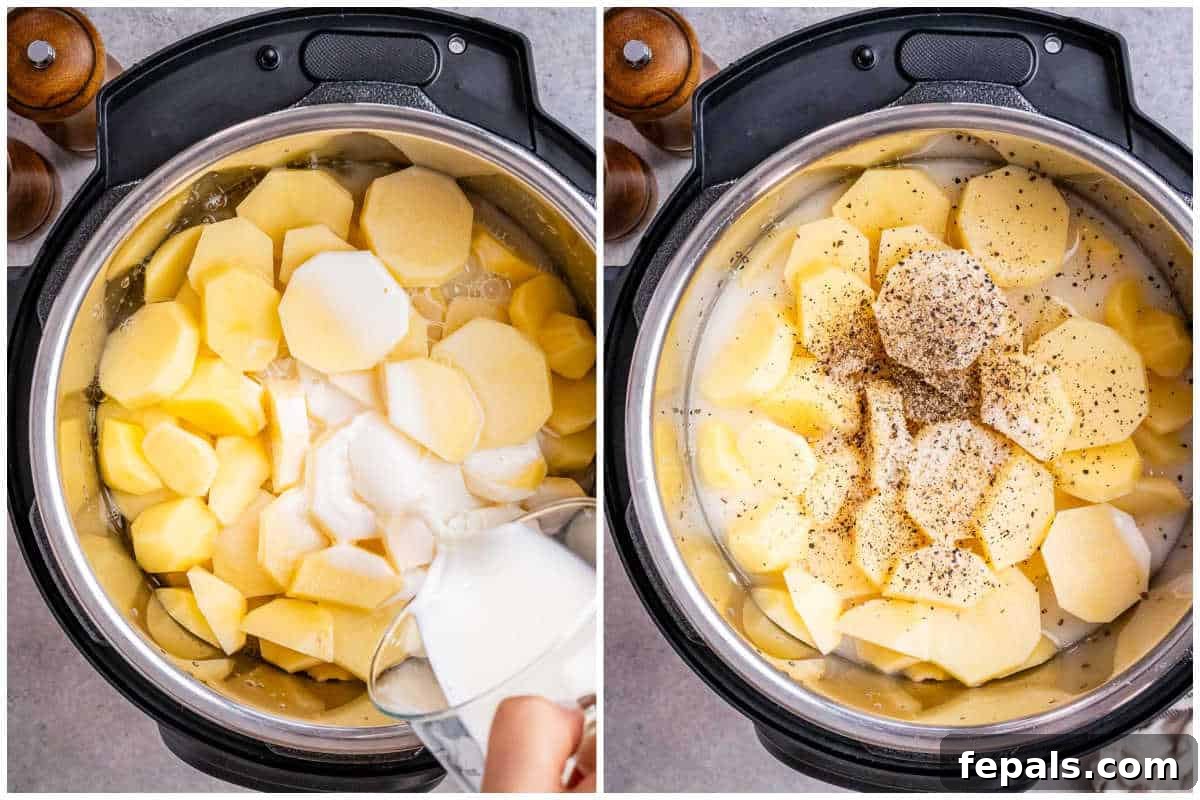 Process shot of adding prepared golden potatoes, water, and milk to the Instant Pot for cooking.