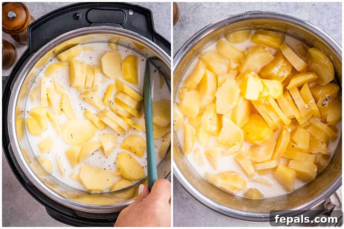 Close-up of golden potatoes, water, and milk inside an Instant Pot, with salt and pepper freshly added, ready for a gentle toss before cooking.