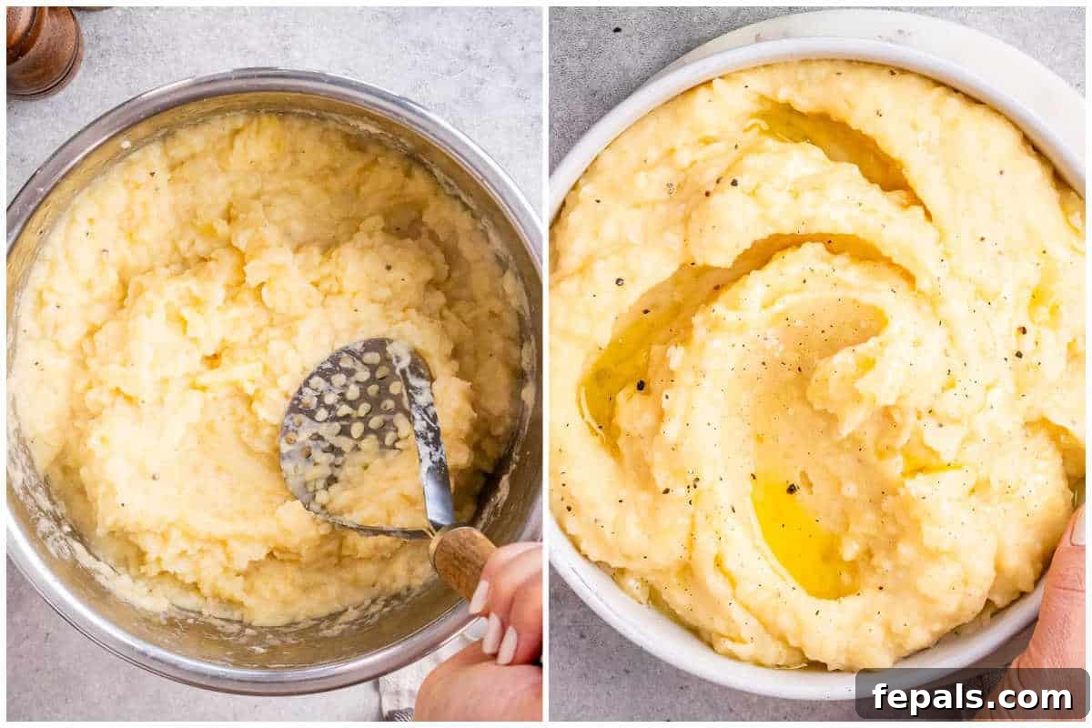 Cooked Yukon gold potatoes in the Instant Pot, with a generous knob of butter melting on top and some cooking liquid reserved, ready for mashing.