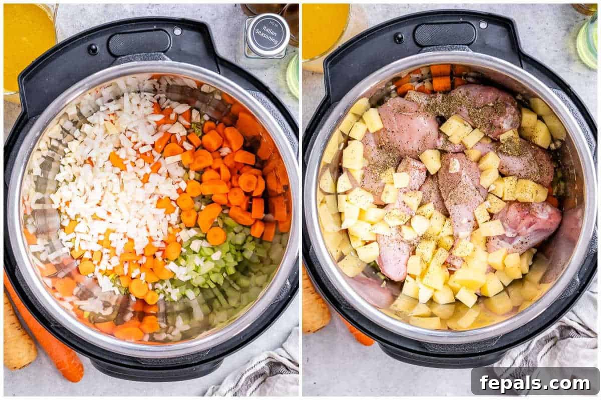 process shot of adding noodle soup ingredients to the instant pot.