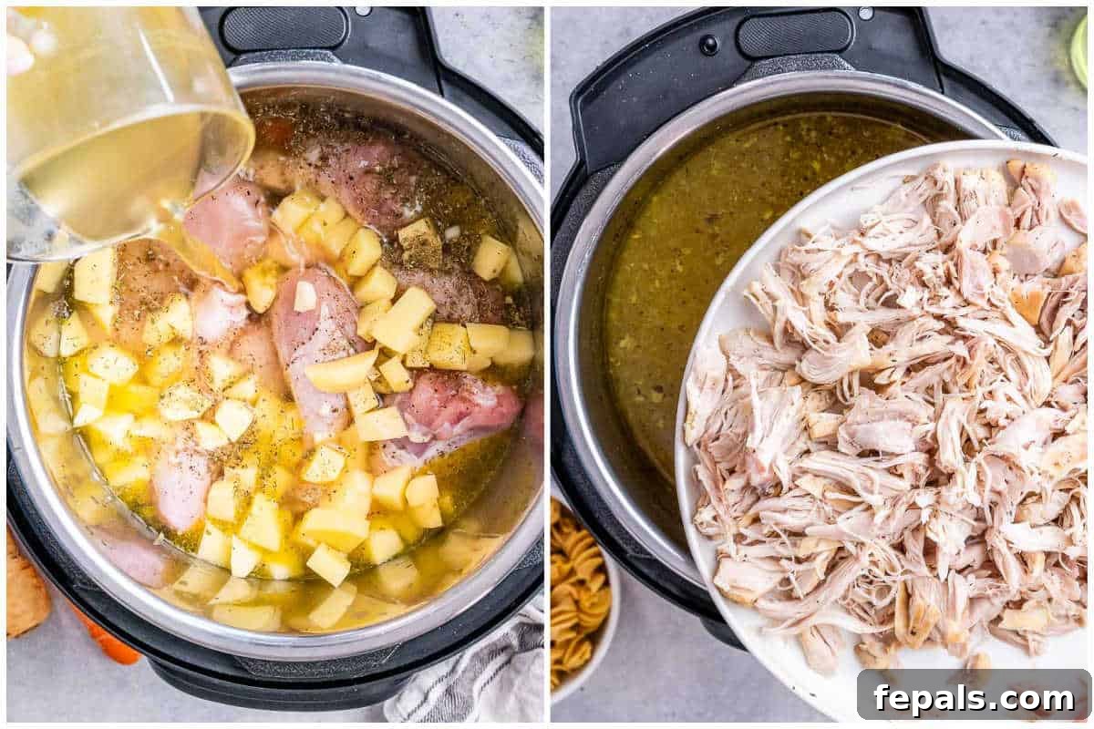 adding broth and shredded chicken to the instant pot.