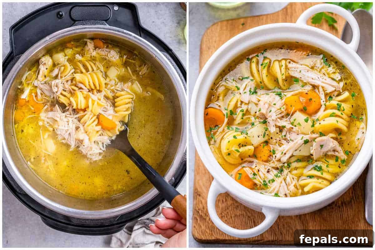 process shot of finished noodle soup in pot and adding to a serving bowl.
