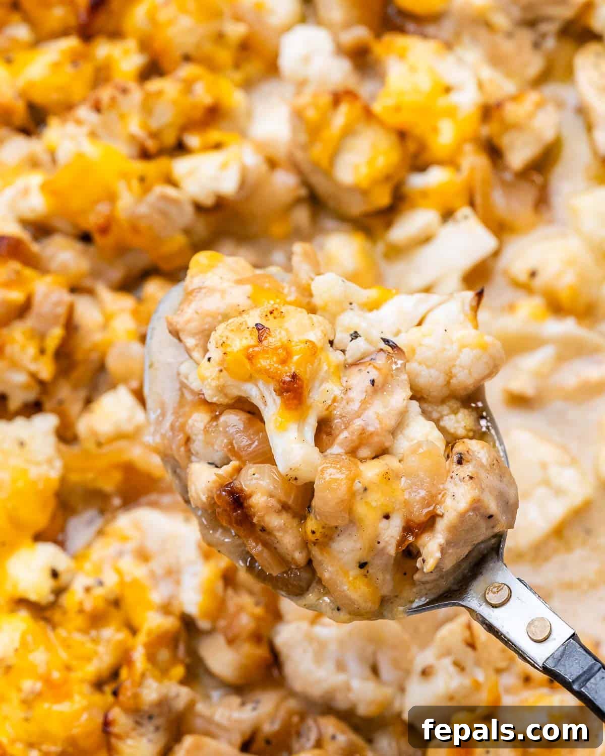 A spoonful of French onion chicken casserole over a dish, showcasing melted cheese and rich sauce