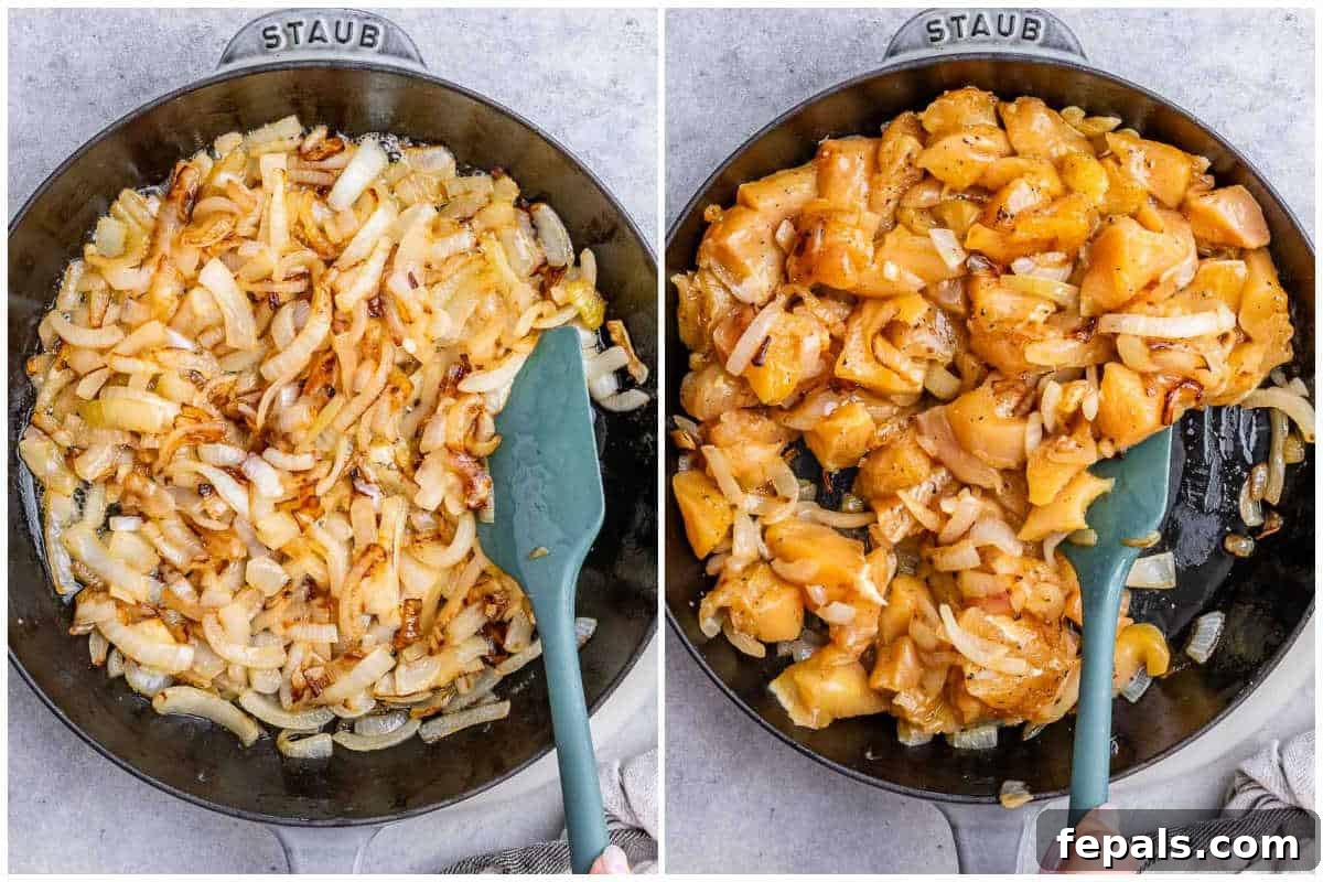 Process shot of browning sliced onions in a skillet, then adding chicken pieces to cook alongside the onions.