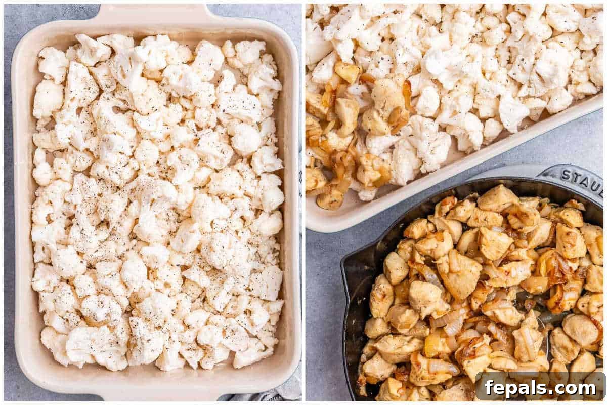 Process shot showing cauliflower florets in a casserole dish, then topped with a mixture of cooked chicken and caramelized onions.