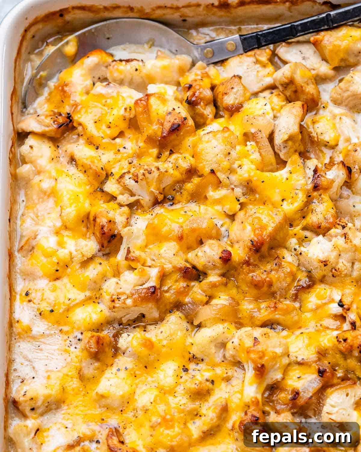 A large dish of French onion chicken casserole, with a serving spoon, ready to be enjoyed.