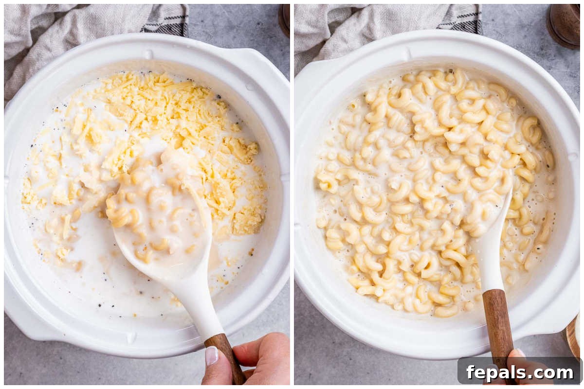 Slow Cooker Cheesy Dream 5 Cooked crockpot mac and cheese in a slow cooker, showing its rich, creamy texture, with a serving spoon inside.