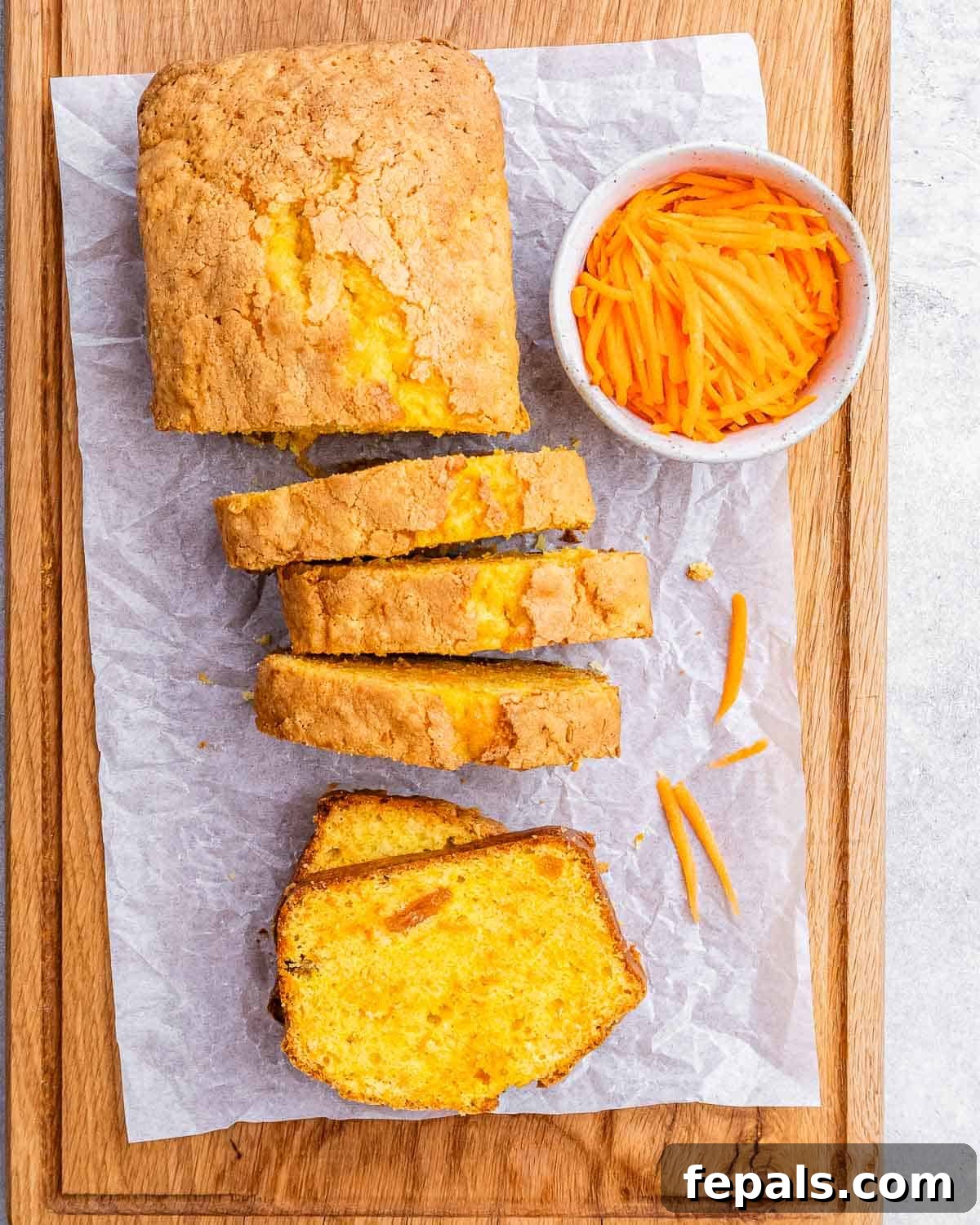 Carrot cake loaf on parchment paper, sliced into thick pieces, with a bowl of shredded carrots nearby.