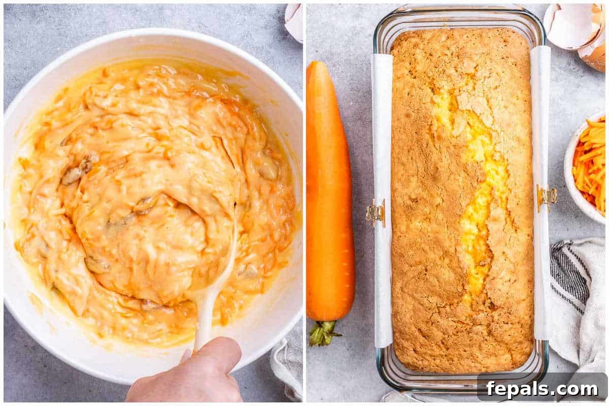 process shot of baked loaf in a pan and sliced carrot loaf on a cutting board for cooling.