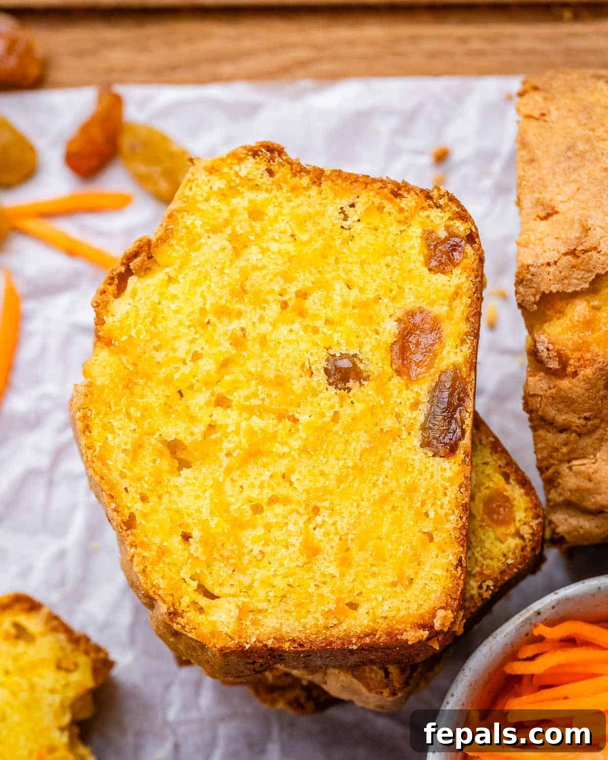 Close-up of sliced carrot cake loaf stacked together, showcasing its golden color and moist interior.