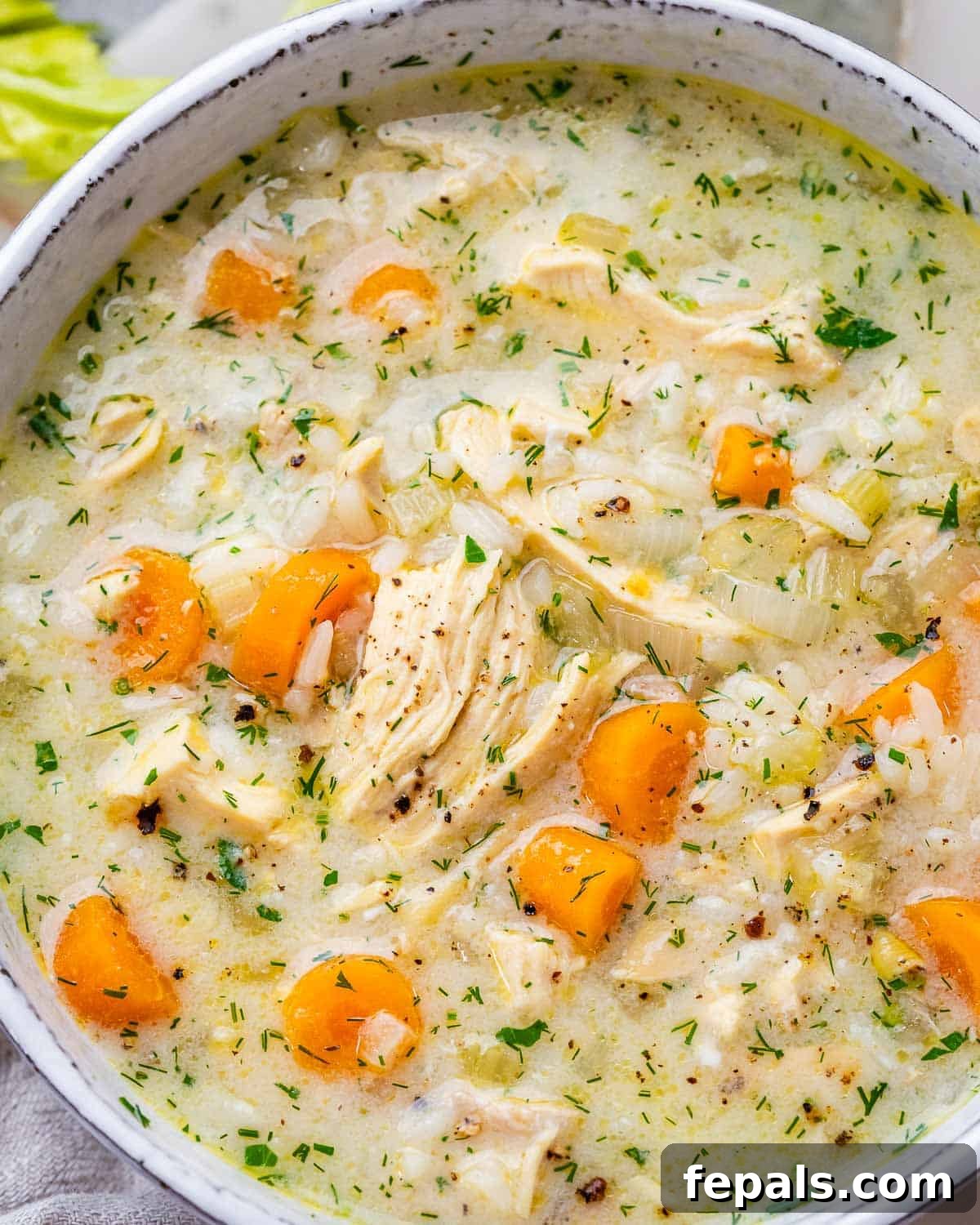 Avgolemono Soup: A Bowl of Bright Comfort 2 A top view close up of Avgolemono Soup showing tender chicken, orange carrot rounds, and green herbs in a lemony broth.