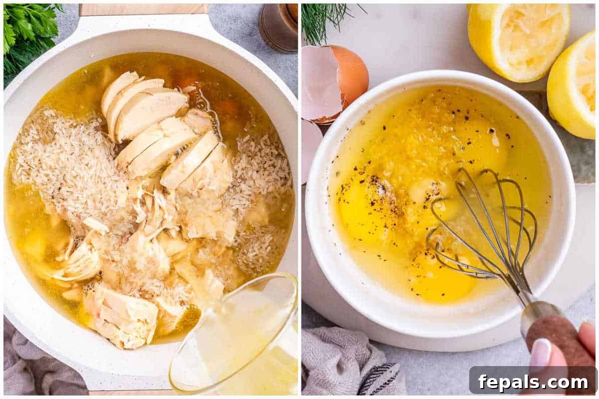 Avgolemono Soup: A Bowl of Bright Comfort 5 process shot of adding broth and rice in a pot to make soup, and whipping eggs to add to the soup.