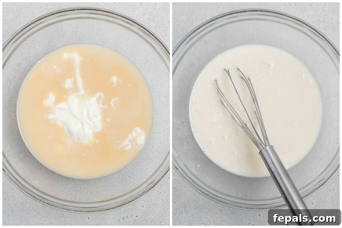 Spiced Carrot Cake Overnight Oats 4 Process shot showing milk, honey, and yogurt being combined in a bowl for the overnight oats base.