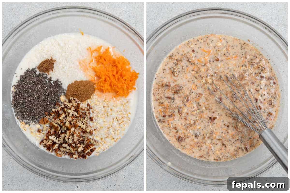 Spiced Carrot Cake Overnight Oats 5 Process shot illustrating the addition of shredded carrots, coconut flakes, and chopped nuts into the bowl containing the liquid oat mixture.