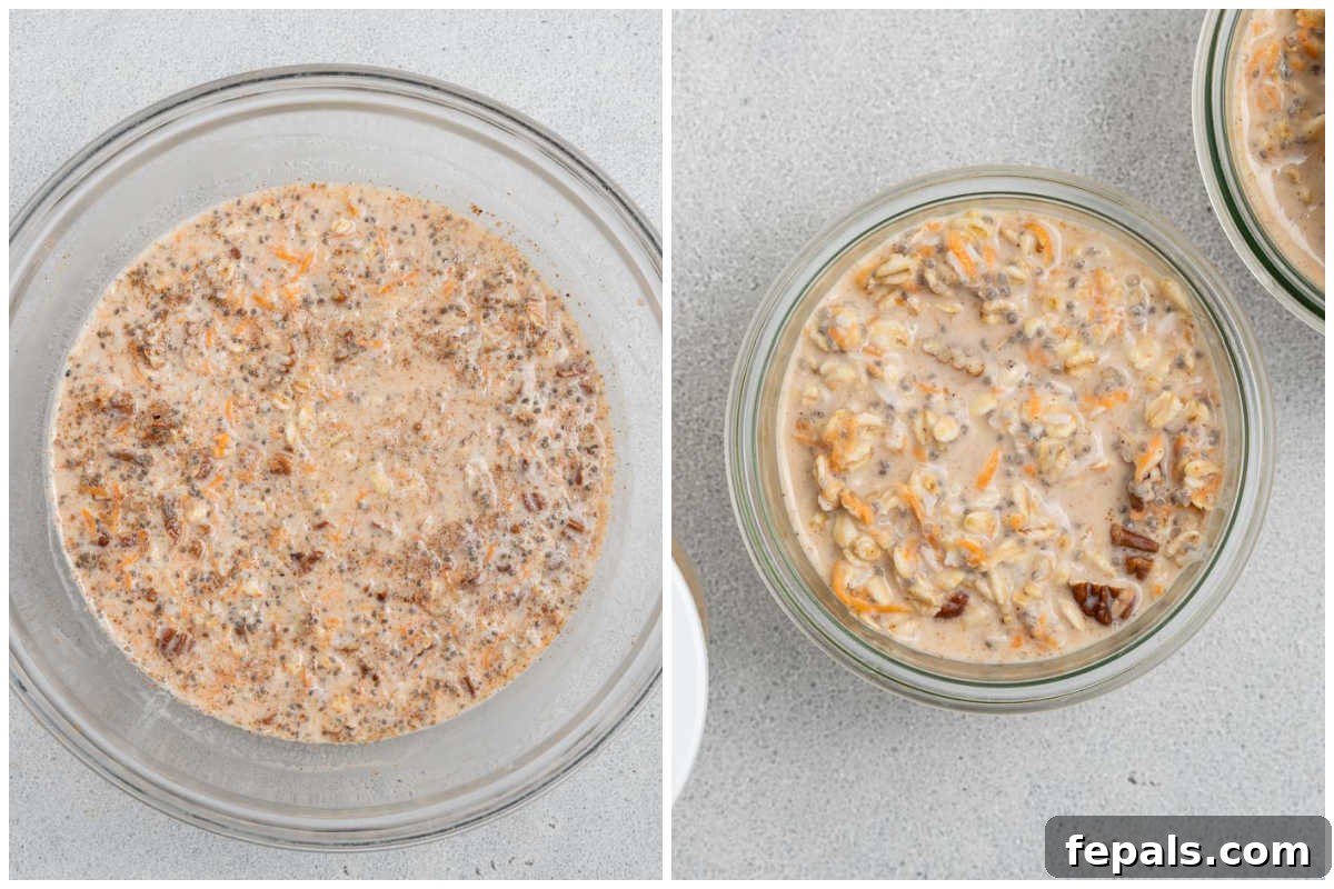 Spiced Carrot Cake Overnight Oats 6 Process shot showing a bowl of prepared overnight oats being scooped into a single-serving glass jar.