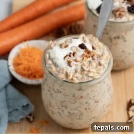 Carrot cake overnight oats served in a charming jar, ready for breakfast.