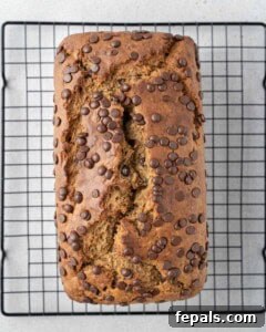 baked banana bread on a cooling rack.