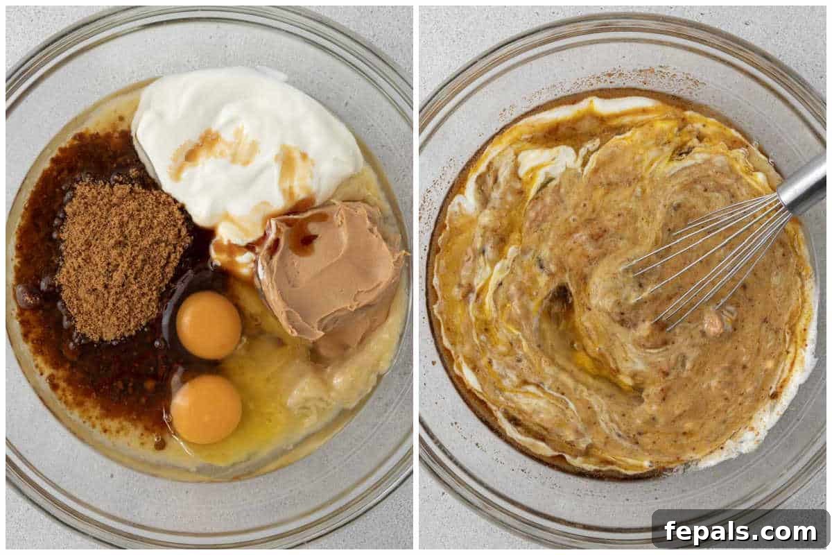 Process shot illustrating the creation of the wet batter for banana bread in a large mixing bowl.