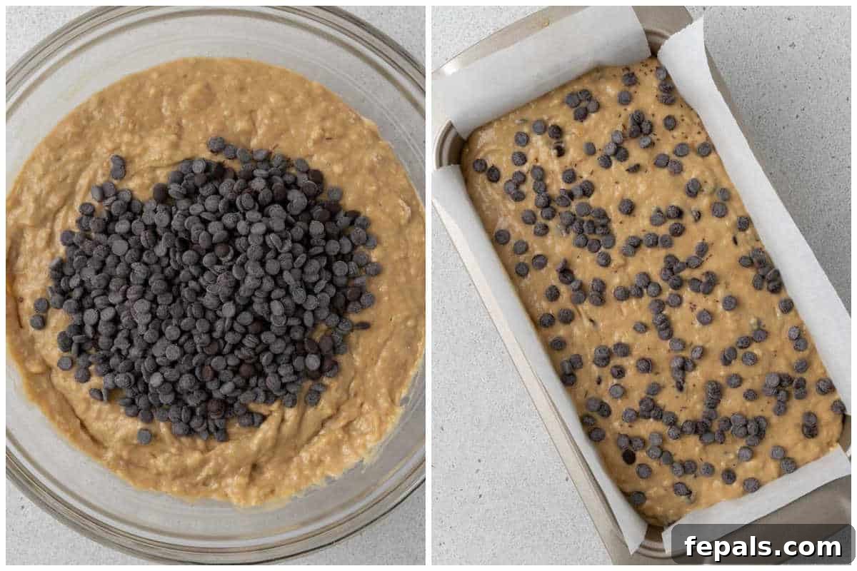 Process shot showing the final addition of chocolate chips and the batter being poured into the loaf pan for baking.