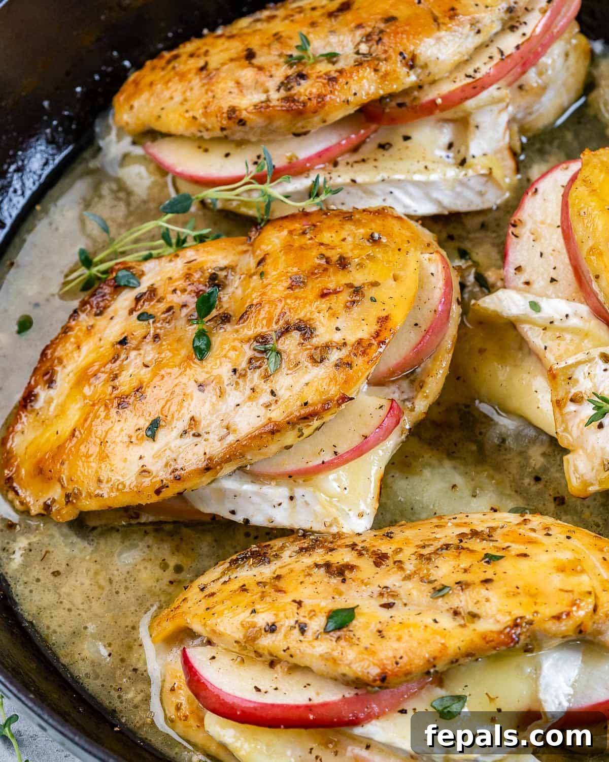 cooked chicken breasts in a pan stuffed with brie and sliced apples.