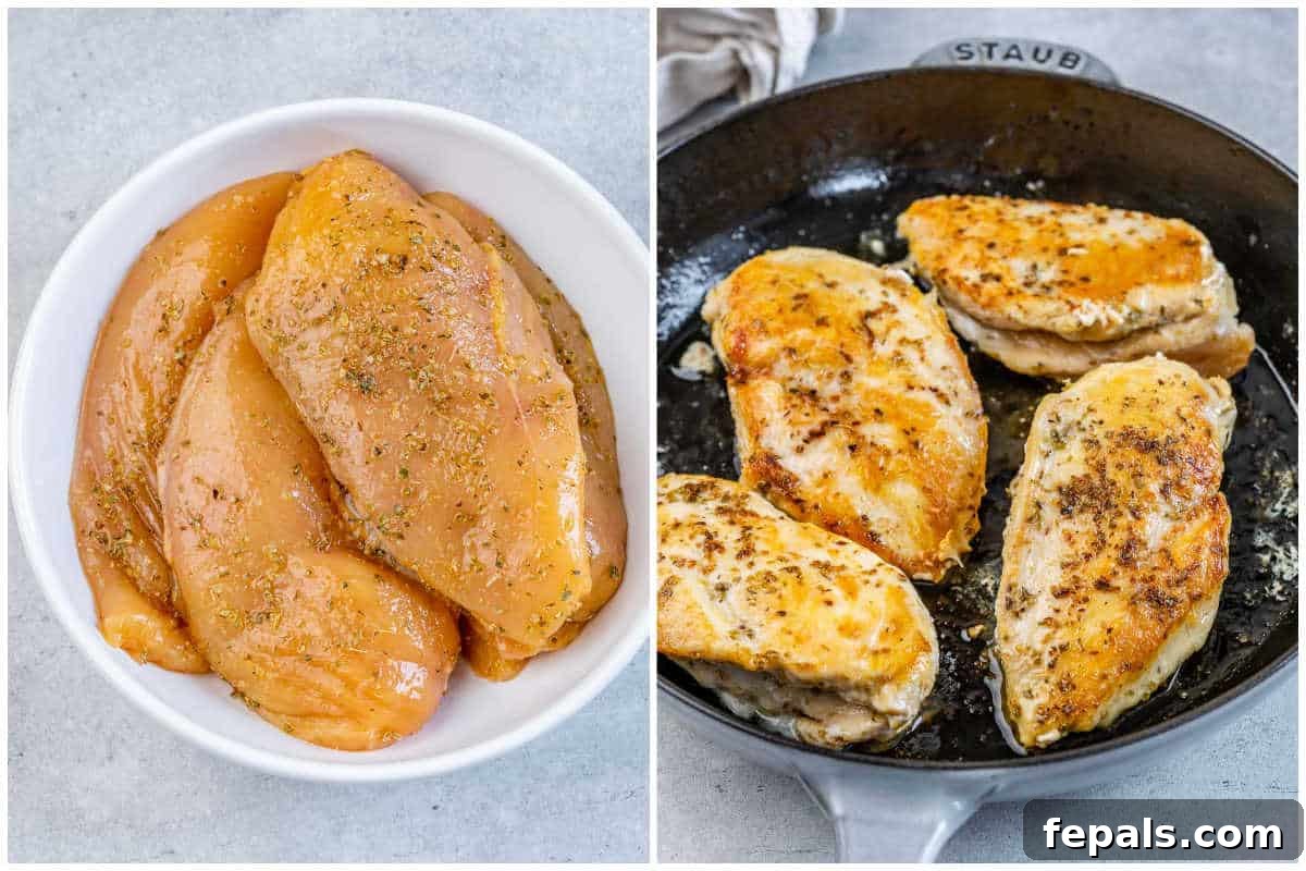 process shot to season chicken breasts and searing in a pan.