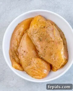 seasoned raw chicken breasts in a bowl.