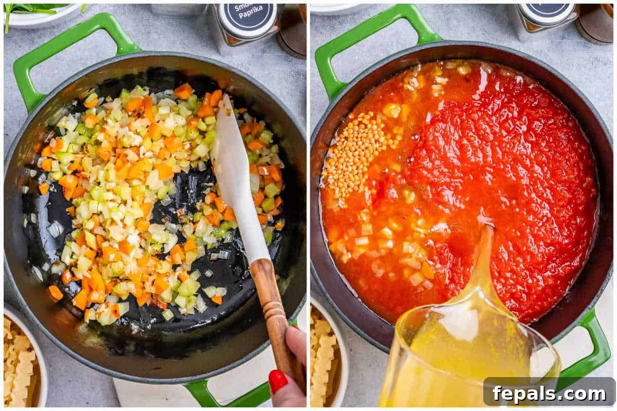 Process shot of cooking the mirepoix vegetables in a large pot and then adding the crushed tomatoes and broth.