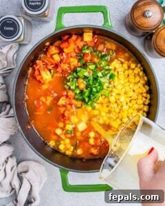 A process image sequence showing corn, broth, and coconut milk being added to the soup pot.