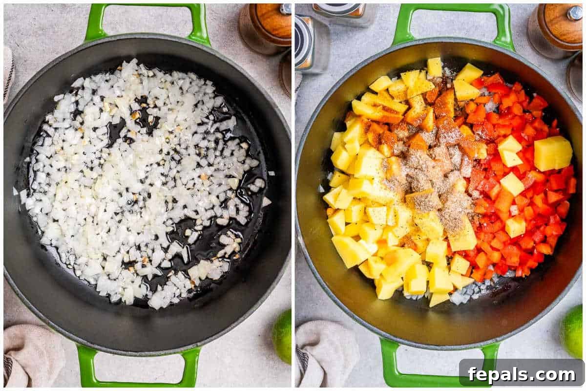 A process shot showing a large green pot on a stovetop, filled with diced onions, bell peppers, and potatoes being sautéed in oil, emitting a fragrant steam.