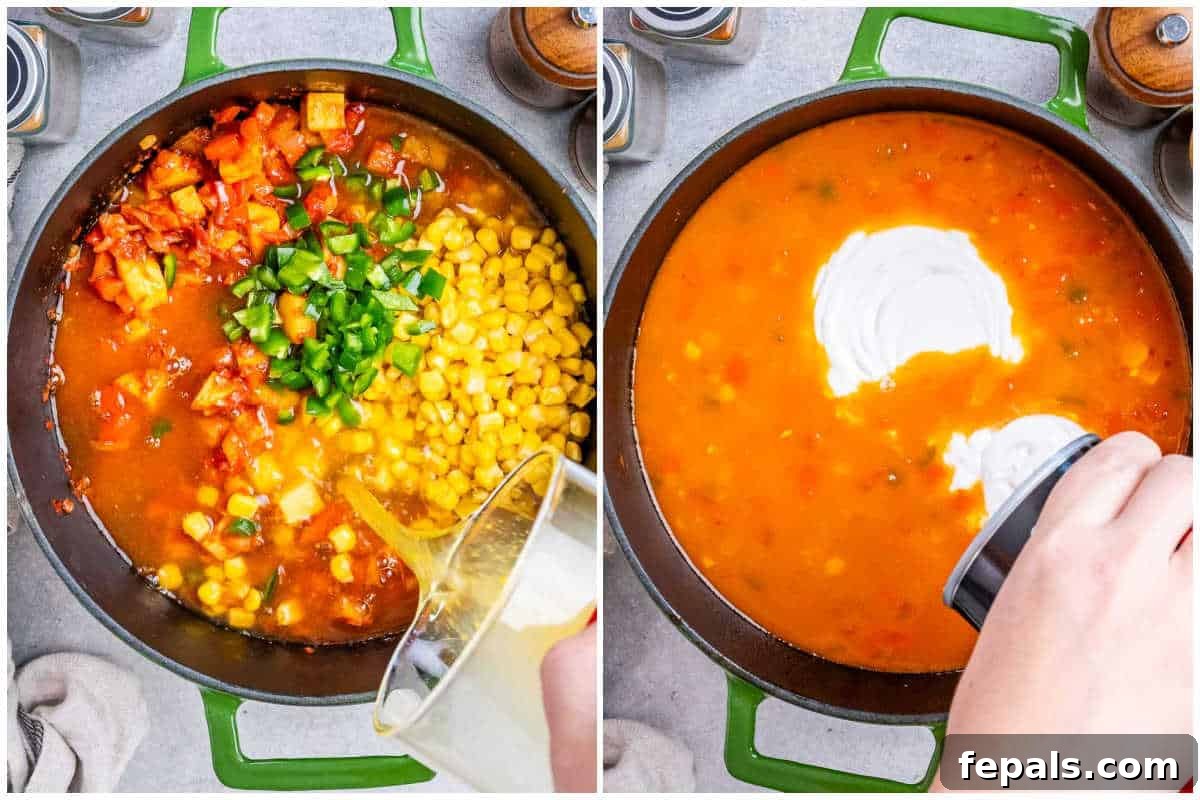 A triptych process shot. The first shows canned corn being added to the sautéed vegetables in a pot. The second shows broth being poured into the pot. The third shows creamy coconut milk being stirred into the blended soup, adding to its richness.