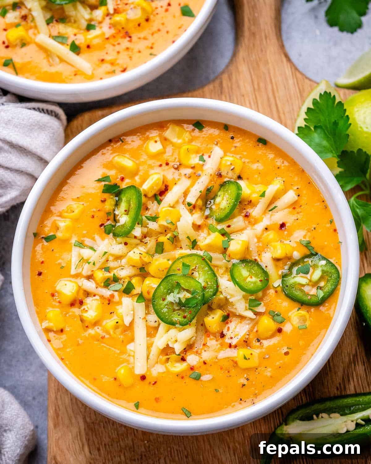 A close-up of a rustic white bowl of Mexican Street Corn Soup, beautifully garnished with vibrant green cilantro, finely sliced jalapeños, and crumbled white cheese. The texture of the soup is creamy and inviting.