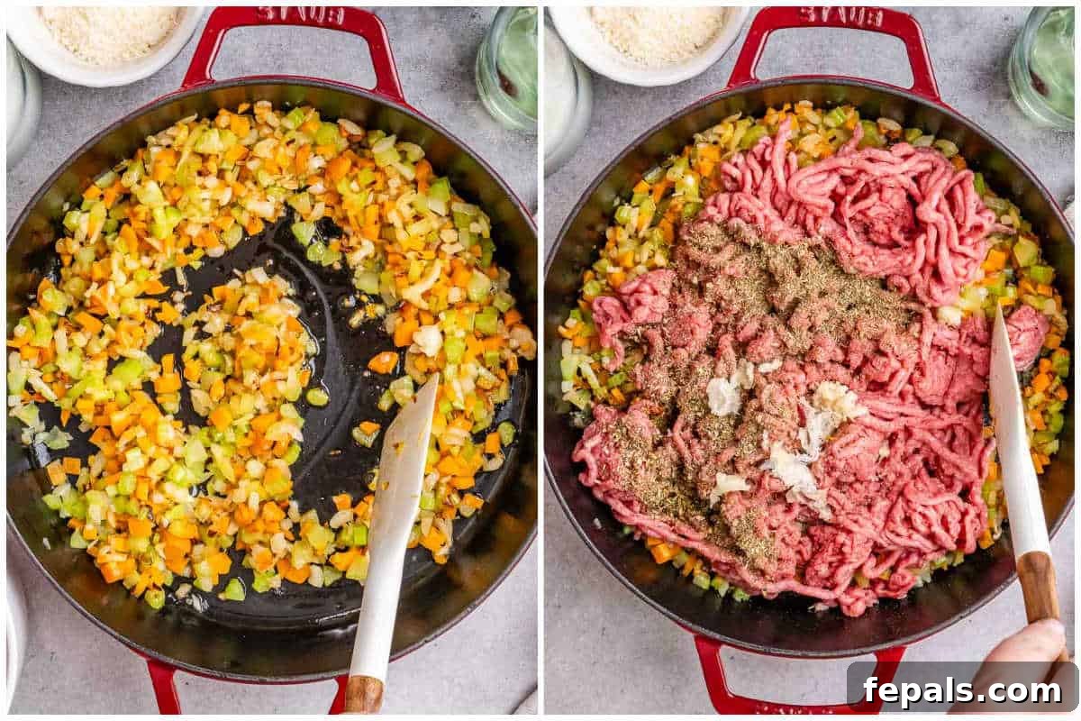 Process shot showing vegetables sautéing in a skillet, followed by the addition of ground beef and herbs.