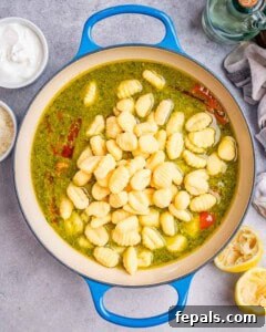 Velvety Pesto Gnocchi 12 gnocchi added over the pesto sauce mix.